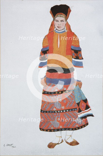 Peasant woman. Costume design for the Vaudeville Old Moscow at the Théâtre Femina in Paris, 1922. Artist: Bakst, Léon (1866-1924)