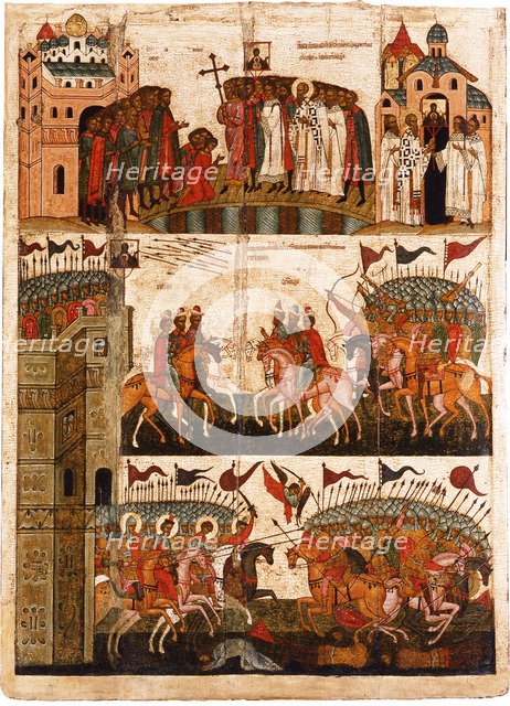 Battle between the Novgorodians and Suzdalians, Mid of the 15th cen.. Artist: Russian icon  