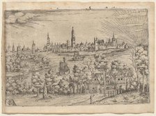 View across a River to a Walled City at Sunset, 1540s. Creator: Johannes Crato von Crafftheim.