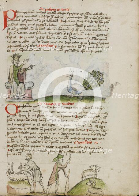 A King Enthroned Speaking to a Peacock: A Shepherd Killing a Ram..., third quarter of 15th century. Creator: Unknown.