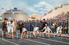 Thumbnail image of 100 metres sprint race at the Olympic Games, Athens, 1896, (1936). Artist: Unknown