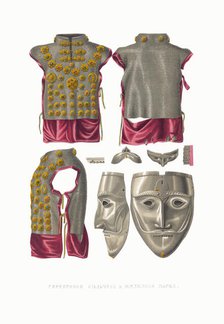 Silver chain mail and helmet face mask. From the Antiquities of the Russian State, 1849-1853. Creator: Solntsev, Fyodor Grigoryevich (1801-1892).