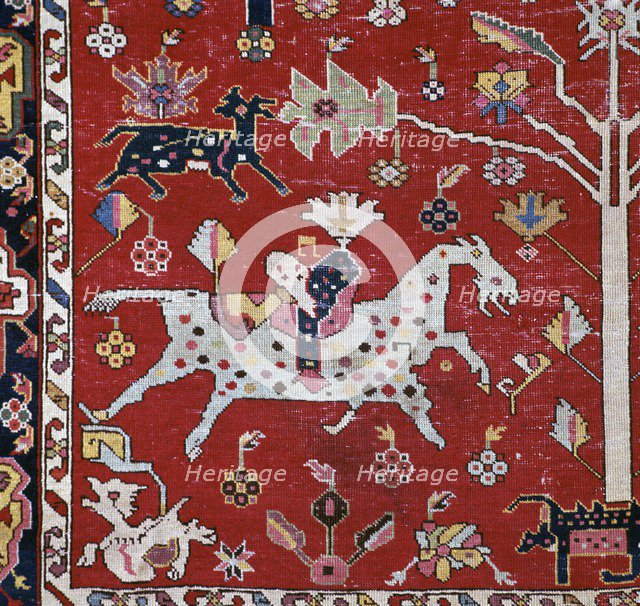 Detail of a horse, dog and tree on a Caucasian 'Hunting' carpet, 17th century. Artist: Unknown