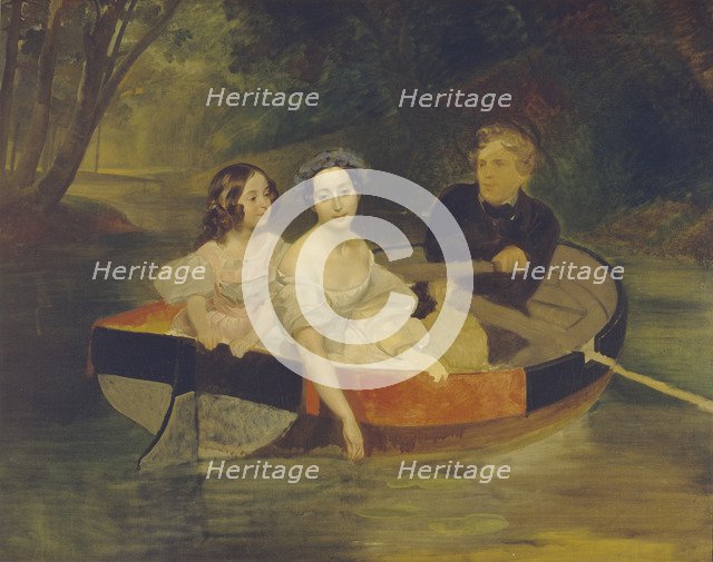 Self-portrait with Baroness Yekaterina Meller-Zakomelskaya and her daughter in a boat, 1833-1835. Artist: Briullov, Karl Pavlovich (1799-1852)