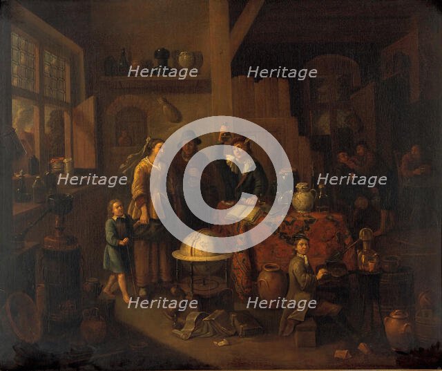 A man examining a urine flask. Creator: Bossche, Balthasar van den, 1681-1715 (After).