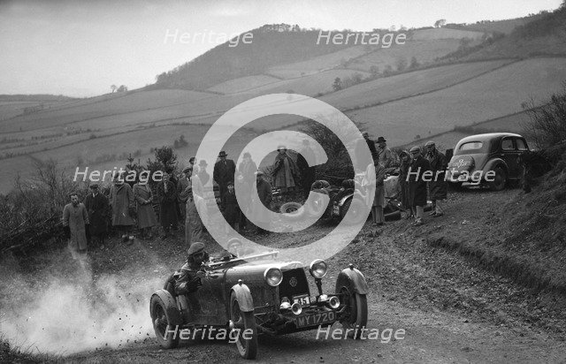 Aston Martin 2-seater of JD Keightley competing in the MG Car Club Midland Centre Trial, 1938. Artist: Bill Brunell.