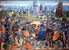 Battle of the Crusaders and pagan troops near the city of Aleppo. Miniature in the 'Récueil des h…
