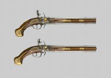 Double-Barrel Revolving Flintlock Holster Pistol (One of a Pair), Liège, 1720/30. Creator: Thomas Thiermay.