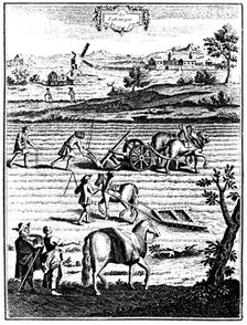 Ploughing and harrowing with horses and sowing seed broadcast, 1762. Artist: Unknown