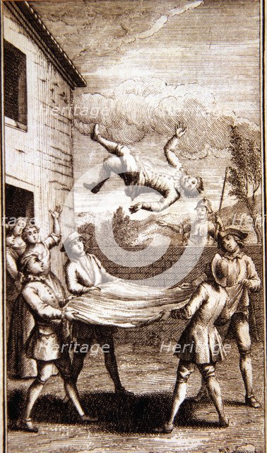 Scene of Sancho tossed in a blanket in the inn, 'Don Quixote of La Mancha', Paris booksellers com…