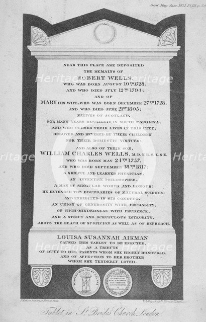 Memorial in St Bride's Church, Fleet Street, City of London, 1821. Artist: W Jeffreys