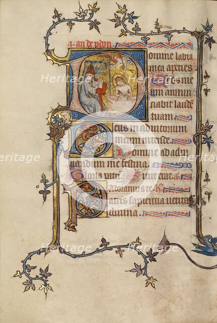 Initial D: Pope John XXII(?) Writing before the Man of Sorrows; Bute Psalter, about 1330. Creator: Atelier of the Passion Master.