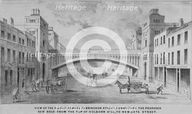 View of the proposed Holborn Viaduct across Farringdon Street, City of London, 1865. Artist: Anon