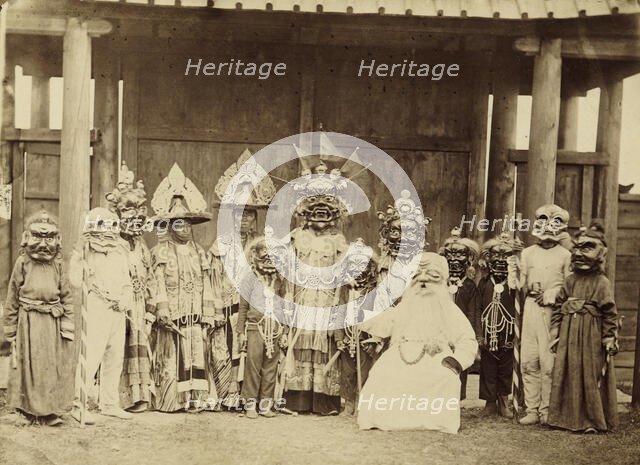Lamas in masks and costumes participating in a religious dance (tsam)..., 1880-1889. Creator: Peter Adamovich Milevskiy.