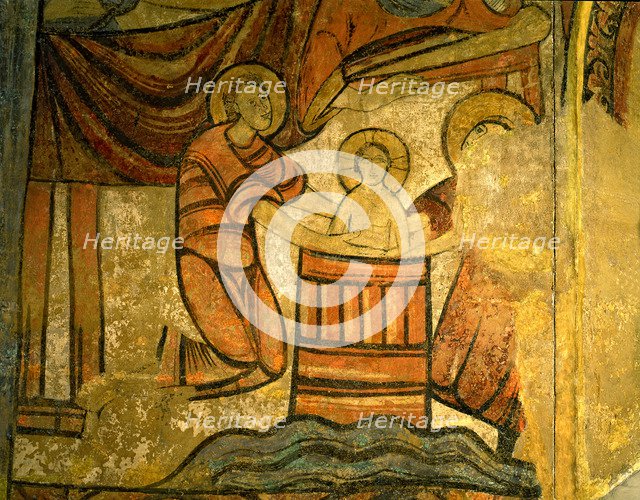  'Bathing the Baby Jesus in a wooden bowl', scene inspired by the apocryphal gospels. Detail of m…