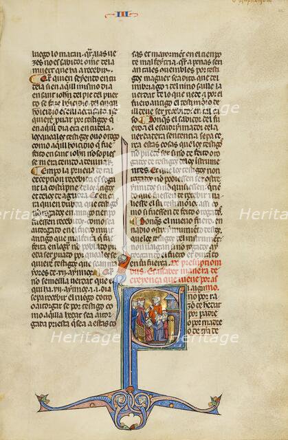 Initial S: Three Men Kneeling before a Judge; Vidal Mayor, about 1290-1310. Creator: Unknown.