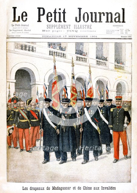 French war veterans carrying flags of the Madagascar and China campaigns, 1901. Artist: Unknown