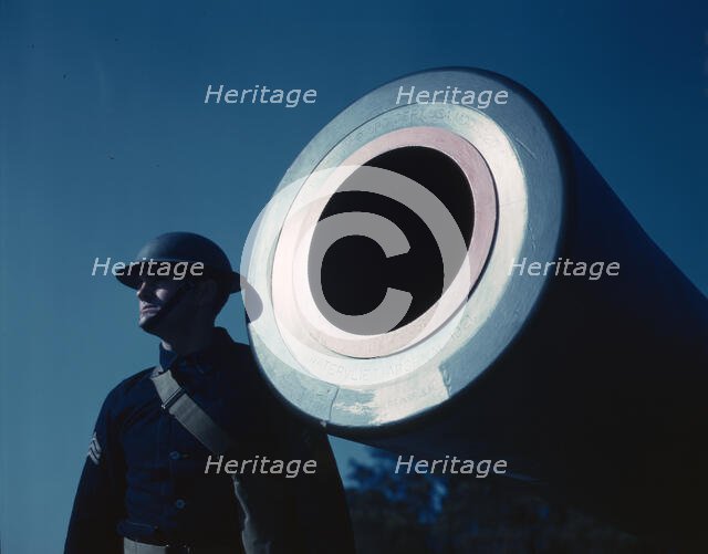 16-inch coast artillery gun stamped "Watervliet Arsenal 1921," Ft. Story, Va., 1942. Creator: Alfred T Palmer.