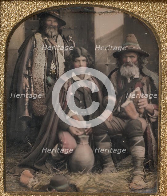 Three Men in Shepherd Attire, One with Bagpipes, the Other Two Holding Bread, 1850s. Creator: Unknown.