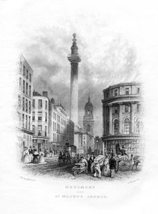 Monument and Church of St Magnus the Martyr, London, 19th century.Artist: J Woods