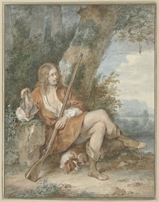 Resting hunter with musket and partridge, near a tree, 1775. Creator: Aert Schouman.