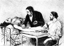 Dr Roussell of Geneva giving a woman a direct blood transfusion from a volunteer, 1882. Artist: Unknown