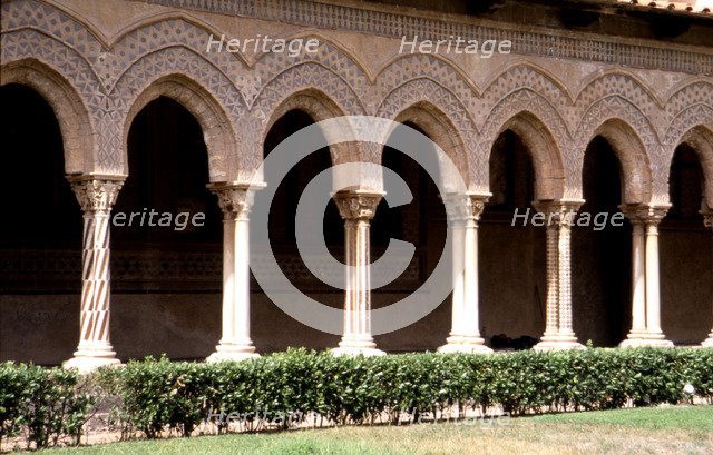 Arches of the Monreale Cathedral cloister in Sicily, Norman-Byzantine style, 12th-13th centuries.…
