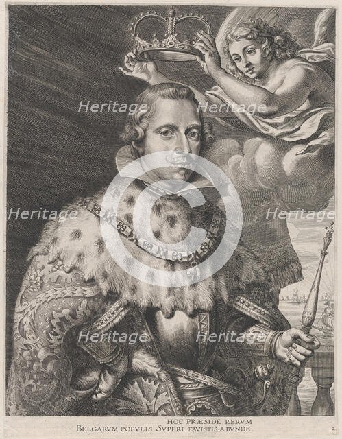 Plate 2: Portrait of Philip IV, King of Spain, being crowned; from Guillielmus Becanus's '..., 1636. Creators: Johannes Meursius, Willem van der Beke.