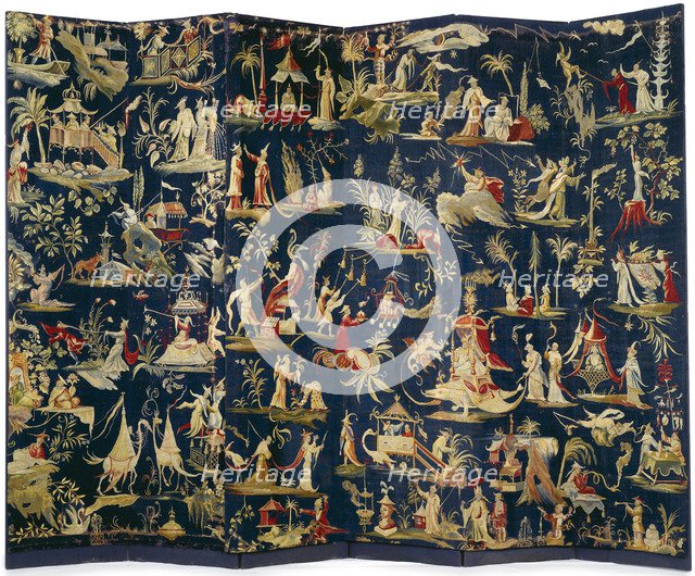 A pair of Brussels Chinoiserie tapestry-covered six-fold screens, ca 1712.