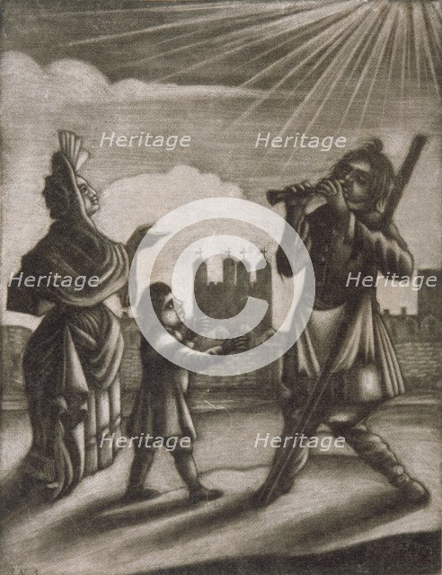 Man piping and a woman and child dancing near the walls of the Tower of London, c1770. Artist: Anon