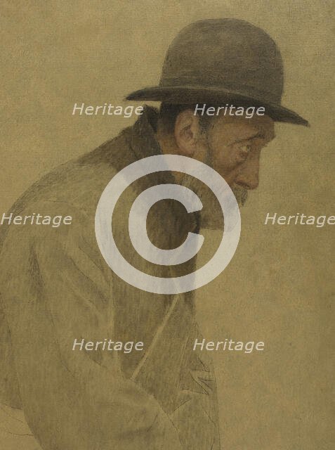 La Bouchée de pain : vieil homme coiffé d'un chapeau melon, une besace en bandoulière, c.1904. Creator: Fernand Pelez.