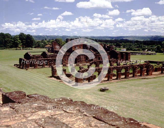 Ruins of the Reducción Jesuita de Trinidad, Indian houses and bell tower of the provisional churc…