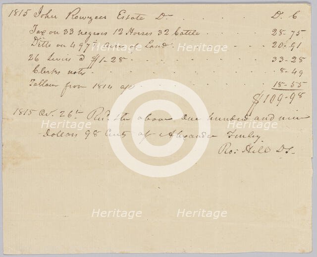 Record of taxes on property, including enslaved persons, owned by John Rouzee, October 26, 1815. Creator: Unknown.