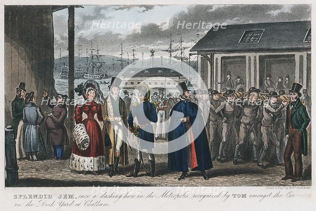 'Splendid Jem' amongst the convicts in the Naval Dock Yard at Chatham, Kent, 1821. Artist: Isaac Robert Cruikshank