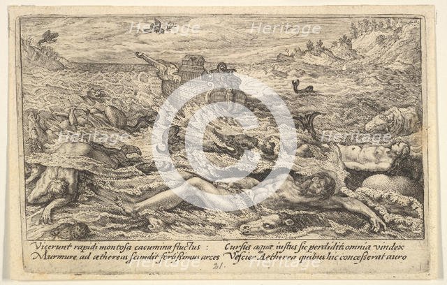 The Flood destroys life on earth: corpses of humans and animals adrift in the foreground..., 1612. Creator: Crispijn de Passe I.