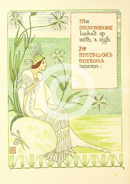 The Stitchwort looked up with a sigh At the Batchelor's Buttons unsewn;, 1899.  Creator: Walter Crane.