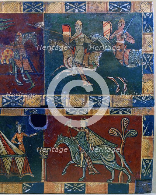 Knights on horseback and king with a falcon, 12th century. Artist: Unknown