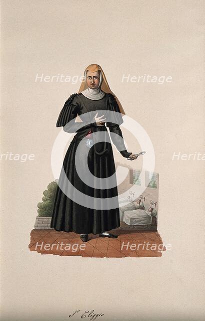 A nun holding a medicine spoon with her hospital behind her. Creator: Unknown.