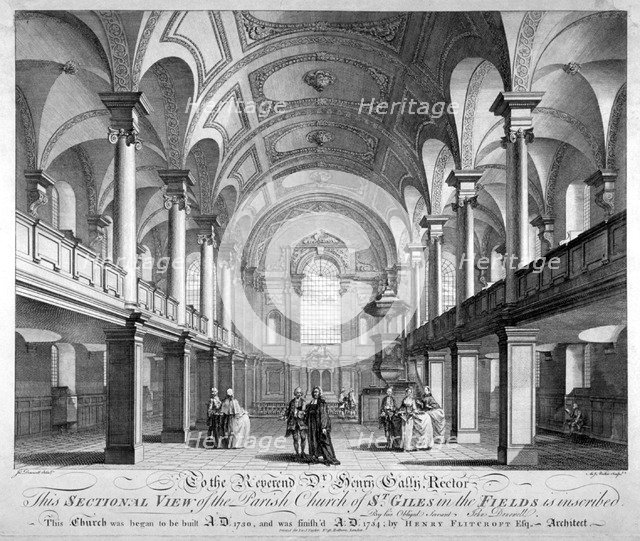 Sectional view of the Church of St Giles in the Fields, Holborn, London, 1753. Artist: Anthony Walker