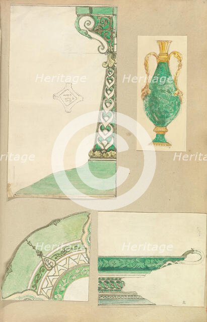 Designs for a Candlestick, Two Handled Vase, Decorated Plate and Footed Dish, 1845-55. Creator: Alfred Crowquill.