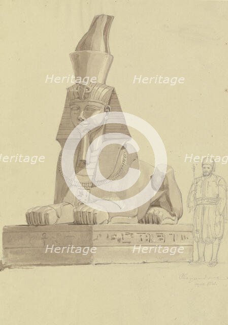 Agyptische Sphinx in Alexandria, daneben ein Ägypter in traditioneller Tracht, 1830. Creator: Friedrich Maximilian Hessemer.