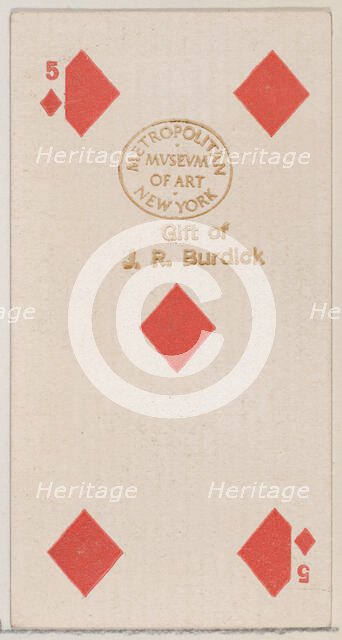 Five Diamonds (red), from the Playing Cards series (N84) for Duke brand cigarettes, 1888., 1888. Creator: Unknown.