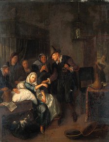 A medical practitioner taking a girl's pulse and holding a flask of her urine, with four other... Creator: Brakenburg, Richard, 1650-1702 (After).