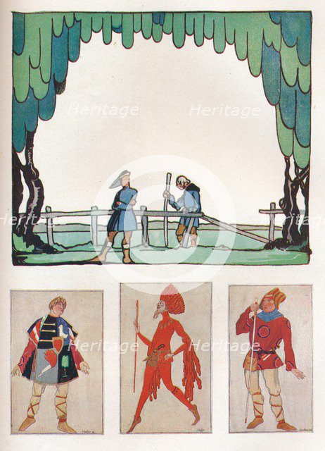 'Scenery for As You Like It (Act I, Scene I) and Costumes of Amiens and Lebeau', 1919. Artist: Claud Lovat Fraser.