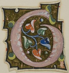Decorated Initial "G" in Pink with Curling Leaves from a Manuscript, 14th century or modern, c. 1920 Creator: Unknown.