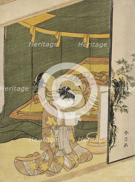 The Secret Love Letter (A young woman reading a love letter by candle light whilst another sleeps un