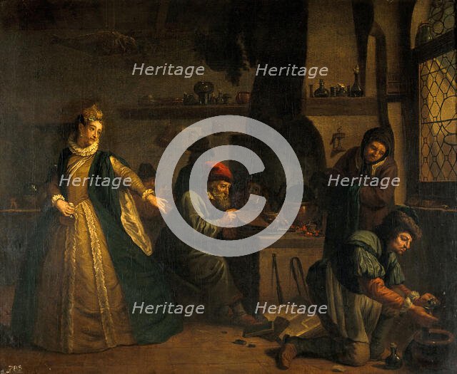A lady visiting an alchemist's laboratory, c1730s. Creator: Jan Josef Horemans I.