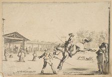A riding school, a horseman with sword jumping directed by another man with a sword in..., ca. 1645. Creator: Stefano della Bella.