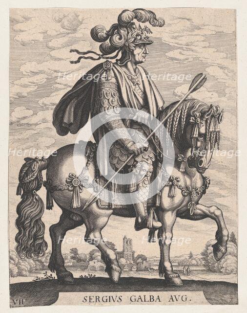 Plate 7: Emperor Galba on Horseback, from 'The First Twelve Roman Caesars' after Tempes..., 1610-50. Creator: Matthaus Merian.