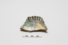 sherd, red body, white slip, yellow, green, black glaze, Mamluk period, 1250-1516. Creator: Unknown.